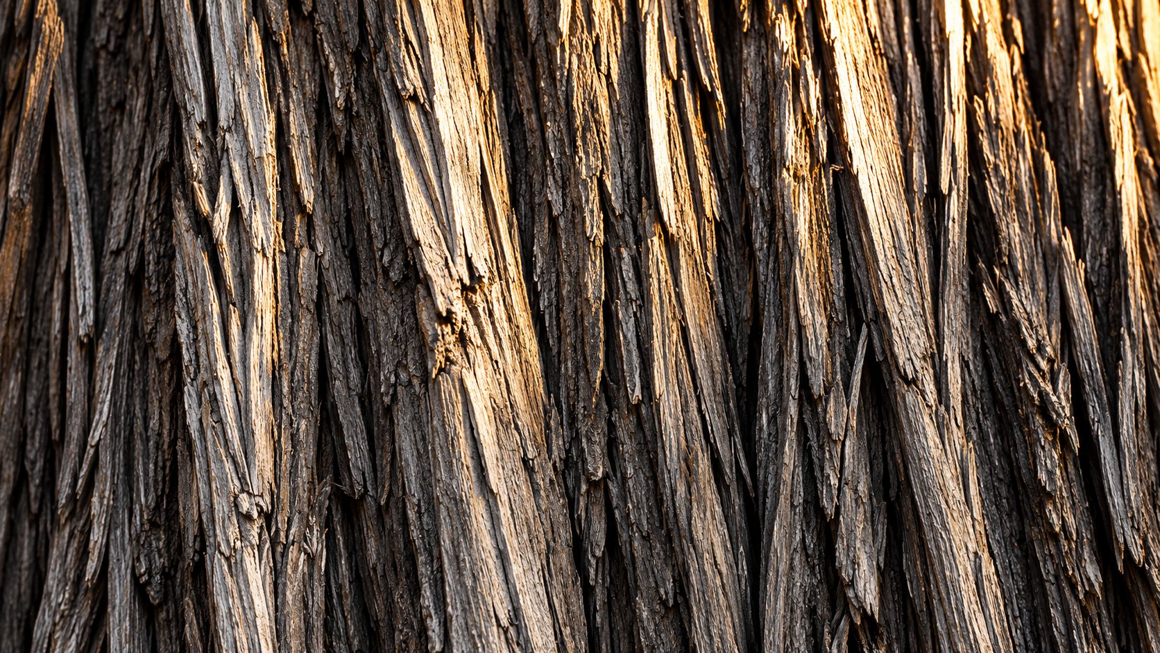 Close-up of deeply textured tree bark in warm light